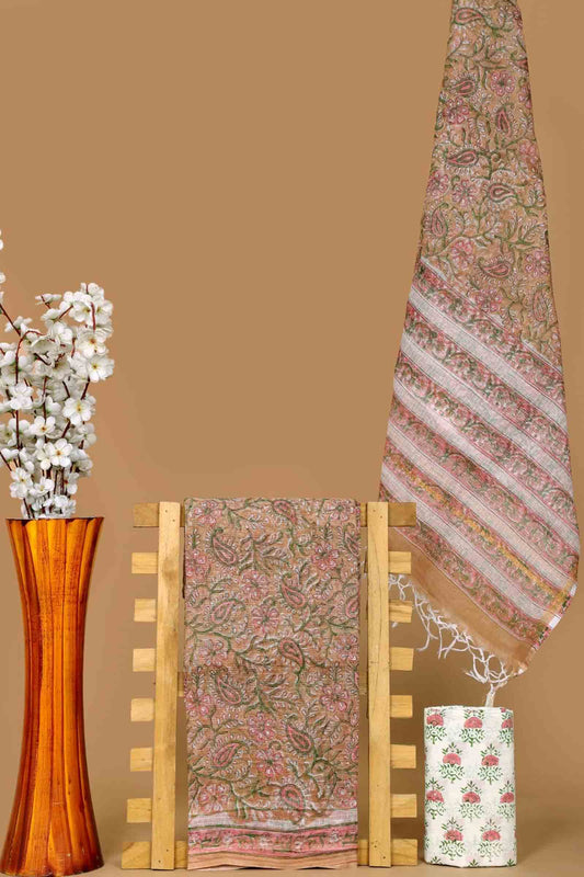 Beige Pink Kota Cotton Chudithar Material Floral Print Suit