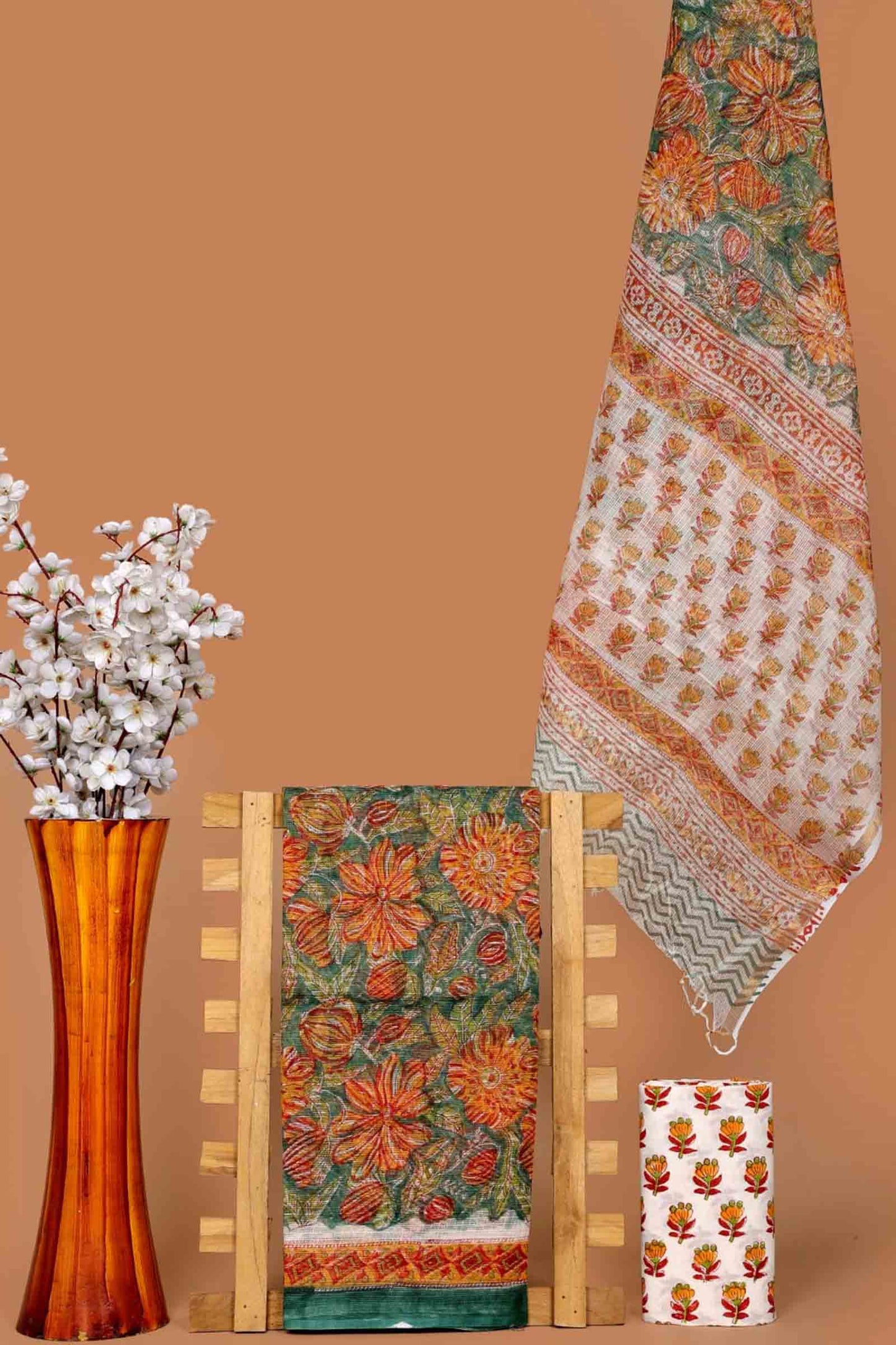 Light Green Kota Cotton Chudithar Material Sunset Floral Suit