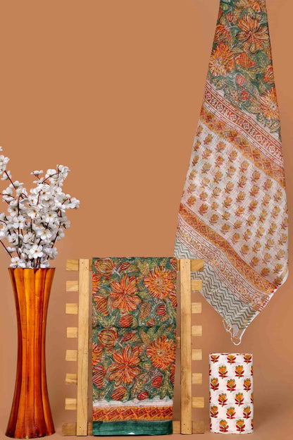 Light Green Kota Cotton Chudithar Material Sunset Floral Suit