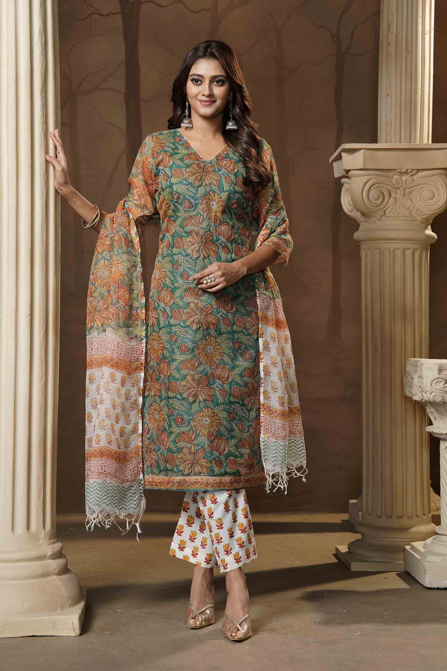 Light Green Kota Cotton Chudithar Material Sunset Floral Suit