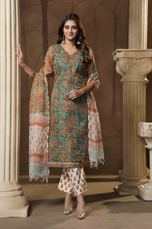 Light Green Kota Cotton Chudithar Material Sunset Floral Suit
