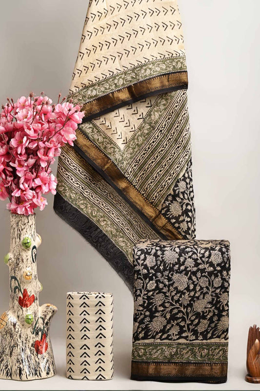 Black Maheswari Silk Chudithar Material Floral Vine Suit