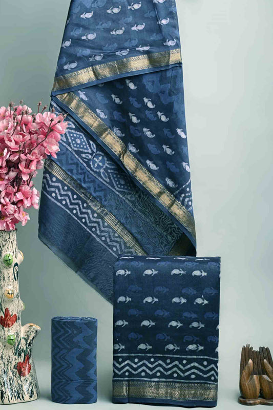 Indigo Blue Maheswari Silk Chudithar Material Paisely Print Suit