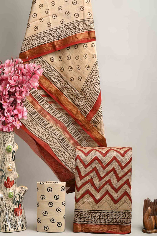 Off White With Maroon Maheswari Silk Chudithar Material Waves Print Suit