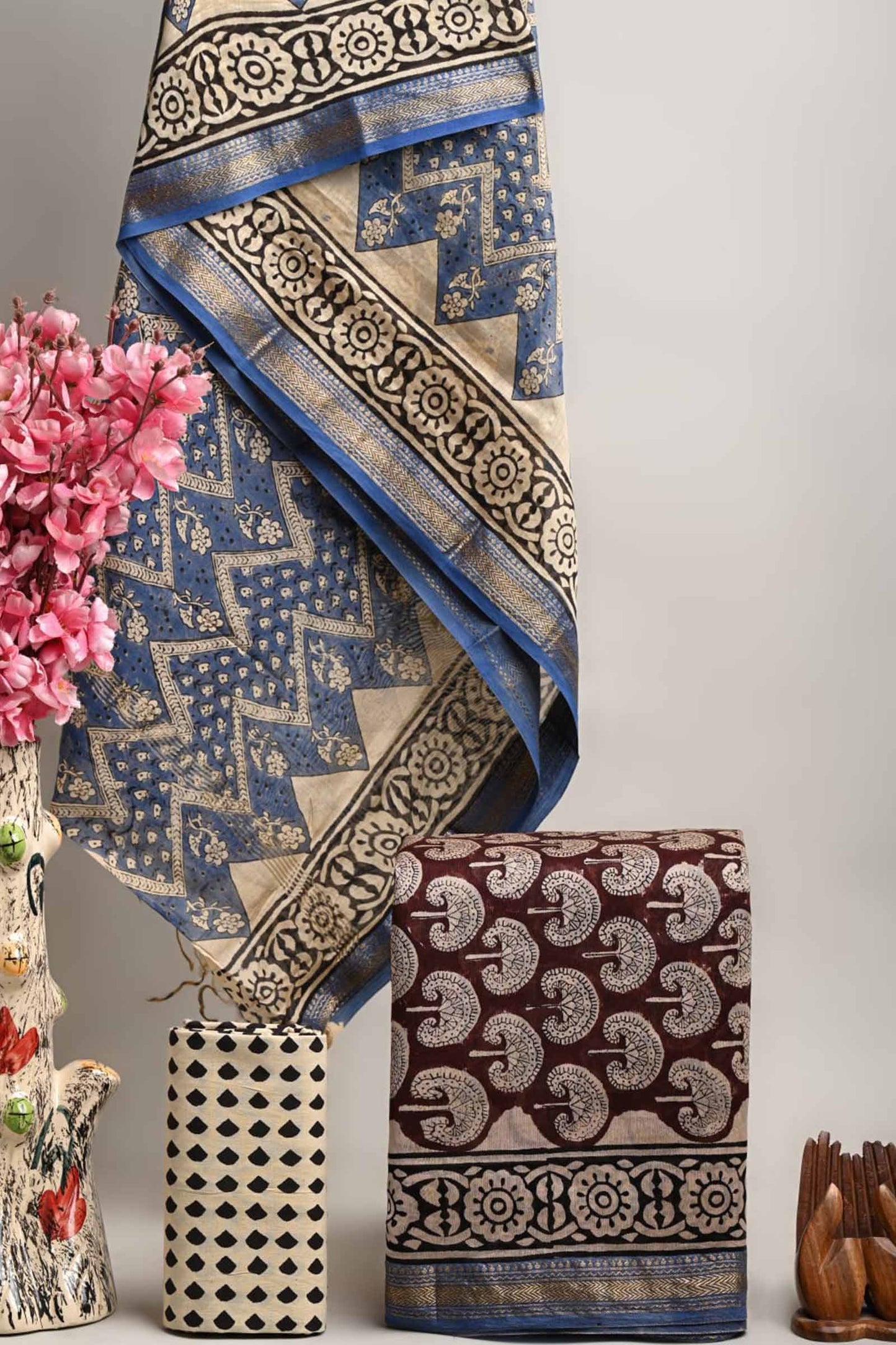 Brown Maheshwari Silk Chudithar Material Forest Floral Print Suit