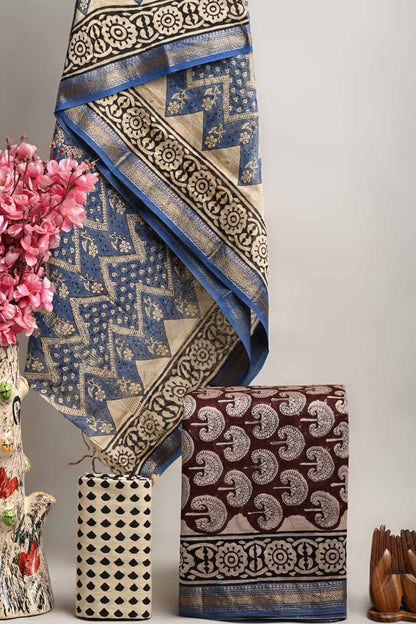 Brown Maheshwari Silk Chudithar Material Forest Floral Print Suit