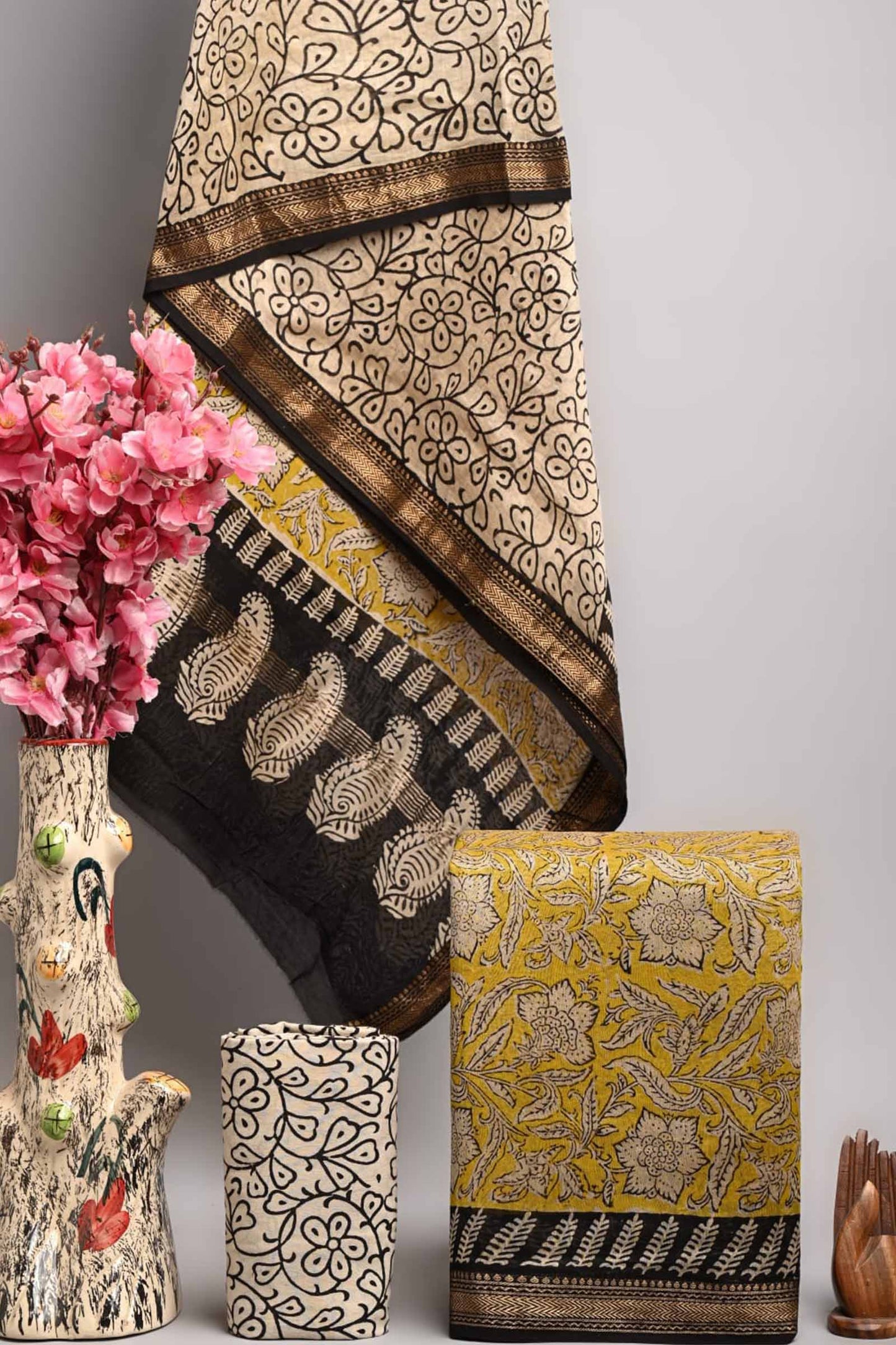 Light Yellow  Maheswari Silk Chudithar Material Star Floral Print Suit