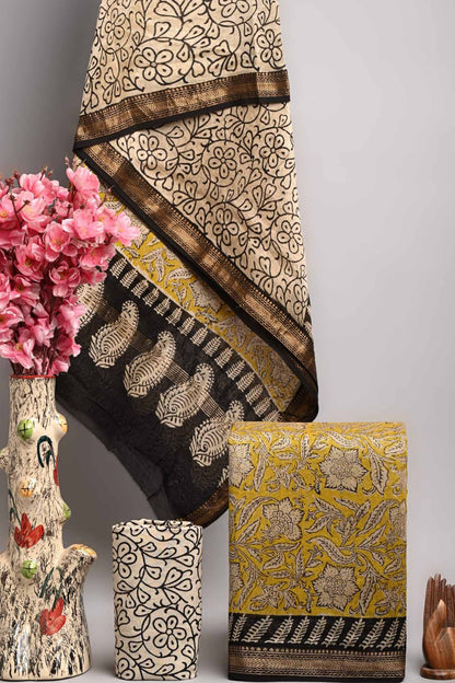 Light Yellow  Maheswari Silk Chudithar Material Star Floral Print Suit