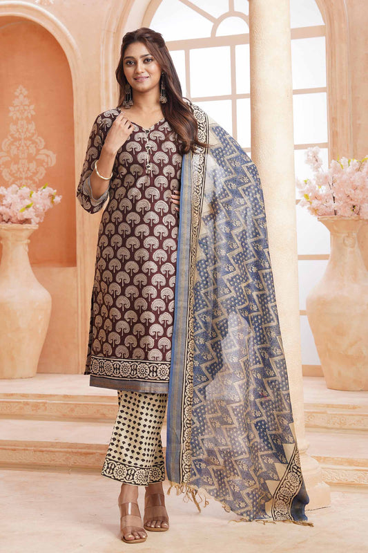 Brown Maheshwari Silk Chudithar Material Forest Floral Print Suit
