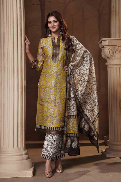 Light Yellow  Maheswari Silk Chudithar Material Star Floral Print Suit