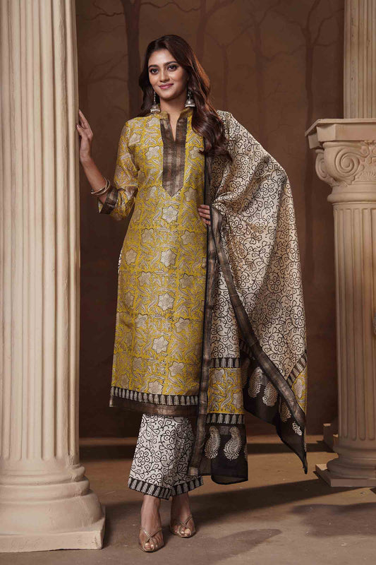 Light Yellow  Maheswari Silk Chudithar Material Star Floral Print Suit