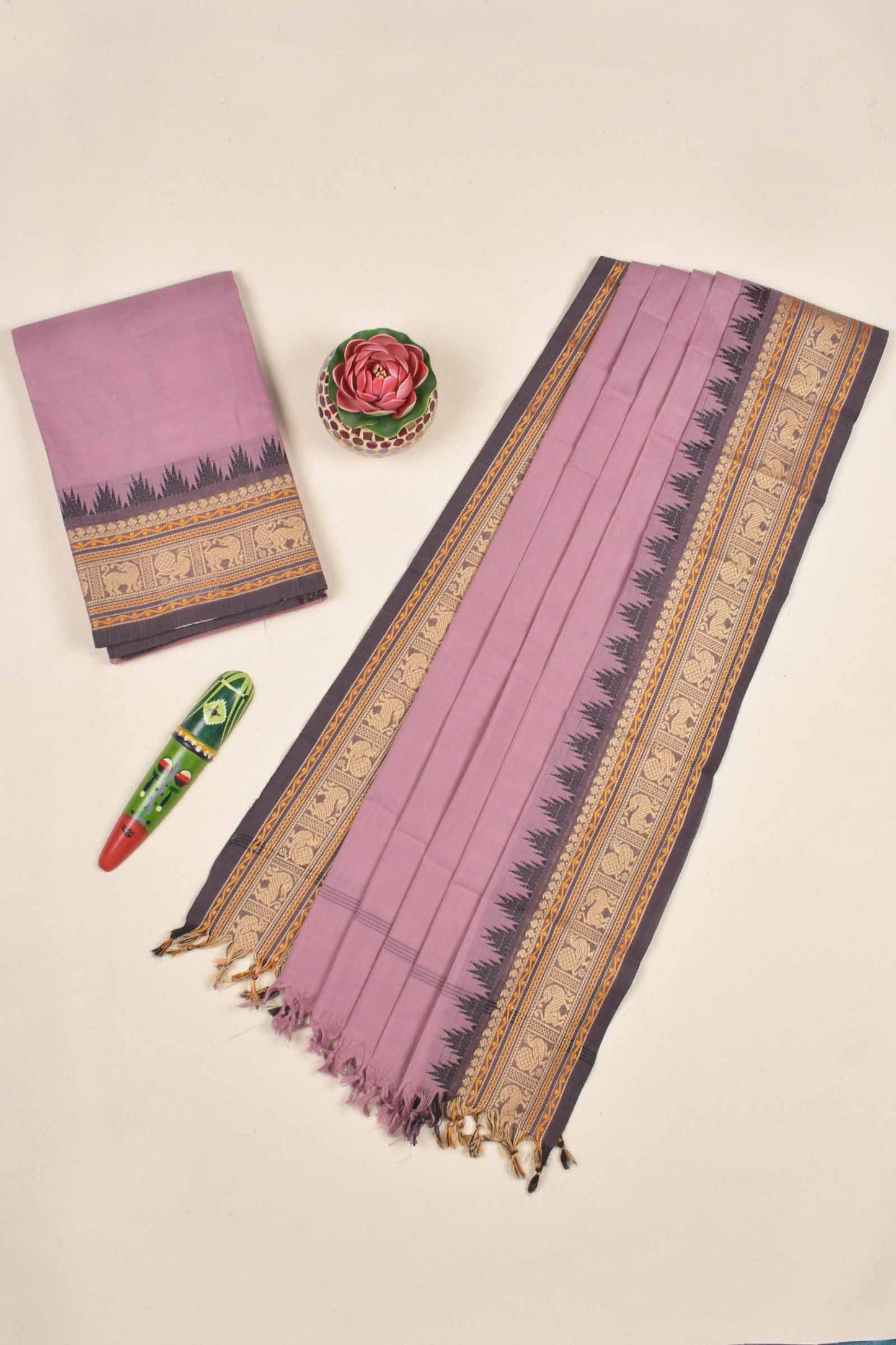 Light Voilet Pure Chettinad Cotton Chudithar Material Peacock Border Suit