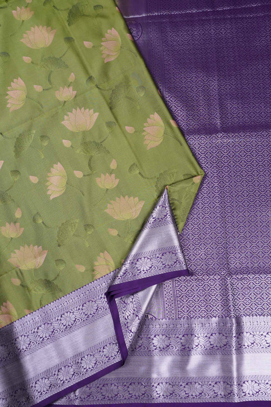 Olive Green Contrast Lotus Butta Zari Border Pallu Semi Soft Silk Saree