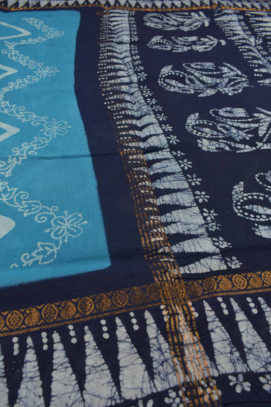 Blue Pure Sungudi Cotton Floral Waves Temple Border Saree