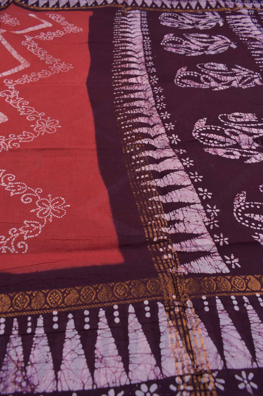 Ruby Red Pure Sungudi Cotton Floral Waves Temple Border Saree