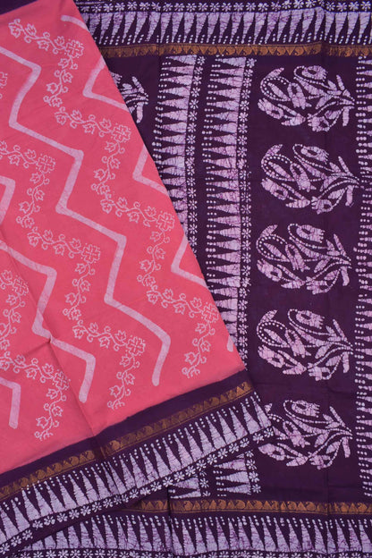 Pink Pure Sungudi Cotton Floral Waves Temple Border Saree