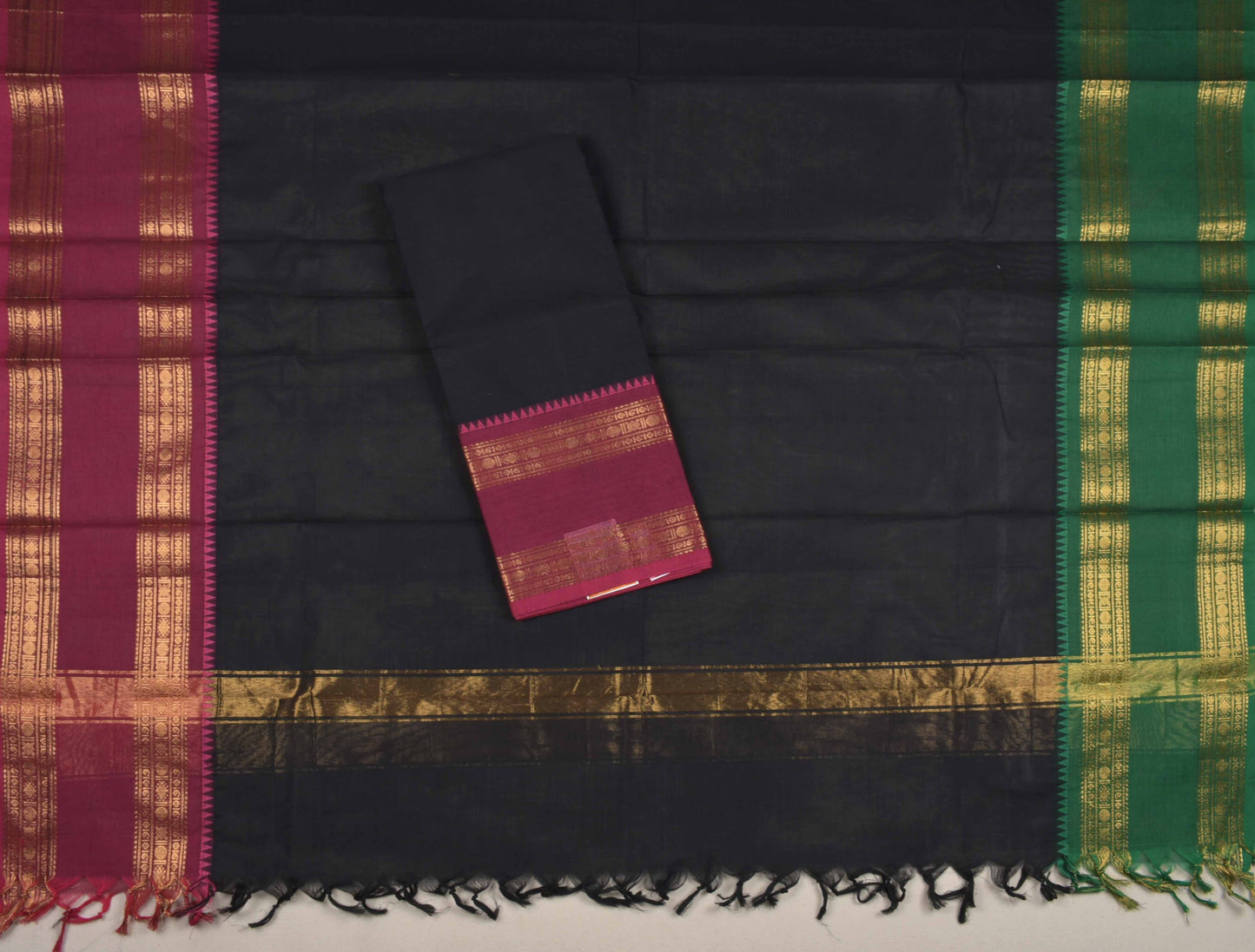 Black Pure Chettinad Cotton Chudithar Material Rettai Pet Zari Border Suit