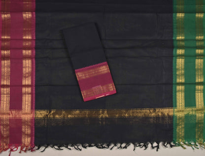 Black Pure Chettinad Cotton Chudithar Material Rettai Pet Zari Border Suit