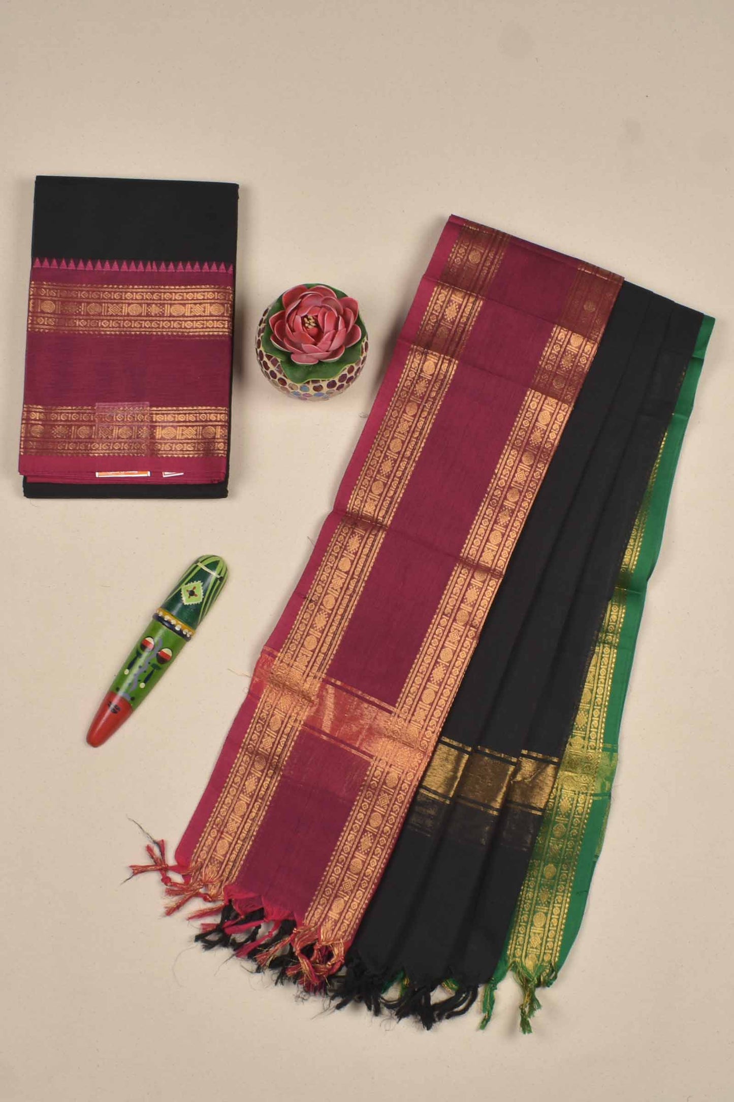 Black Pure Chettinad Cotton Chudithar Material Rettai Pet Zari Border Suit