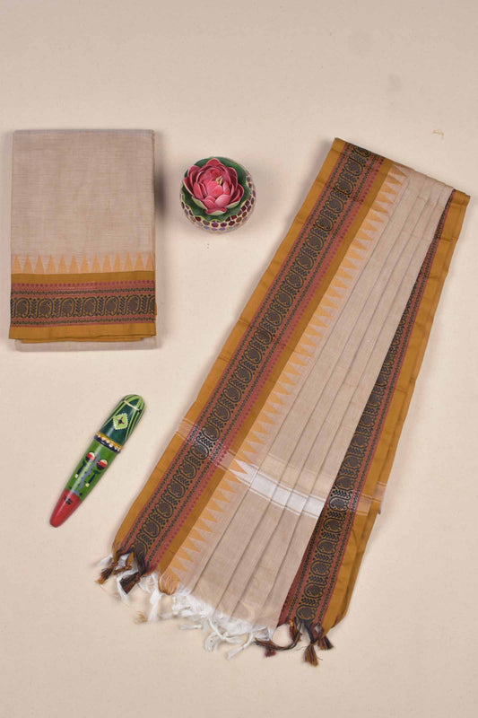Light Biege Pure Chettinad Cotton Chudithar Material Tower Mango Border Suit