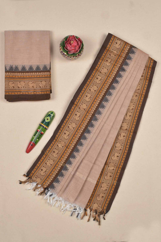 Light Biege Pure Chettinad Cotton Chudithar Material Yazhi Peacock Border Suit