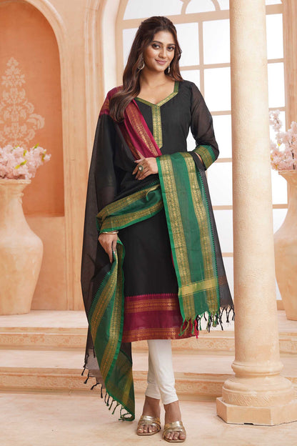 Black Pure Chettinad Cotton Chudithar Material Rettai Pet Zari Border Suit