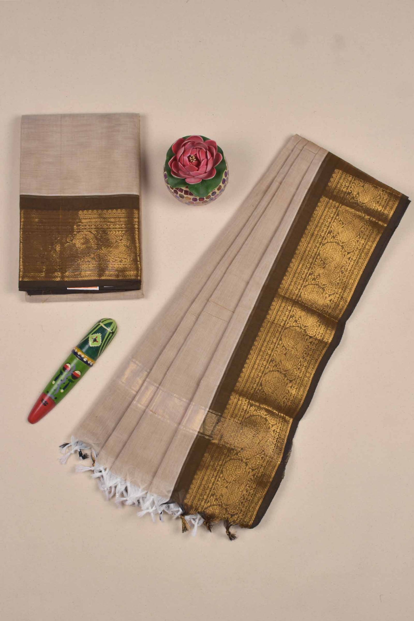 Cream Colour Pure Chettinad Cotton Chudithar Material Peacock Border Suit