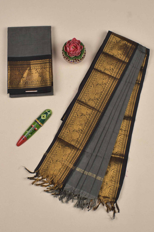 Dark Grey Pure Chettinad Cotton Chudithar Material Peacock Border Suit