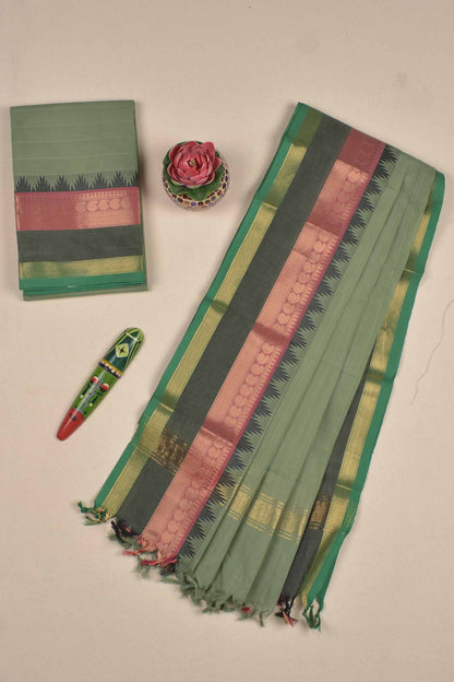 Green Pure Chettinad Cotton Chudithar Material Zari Mango Border Suit