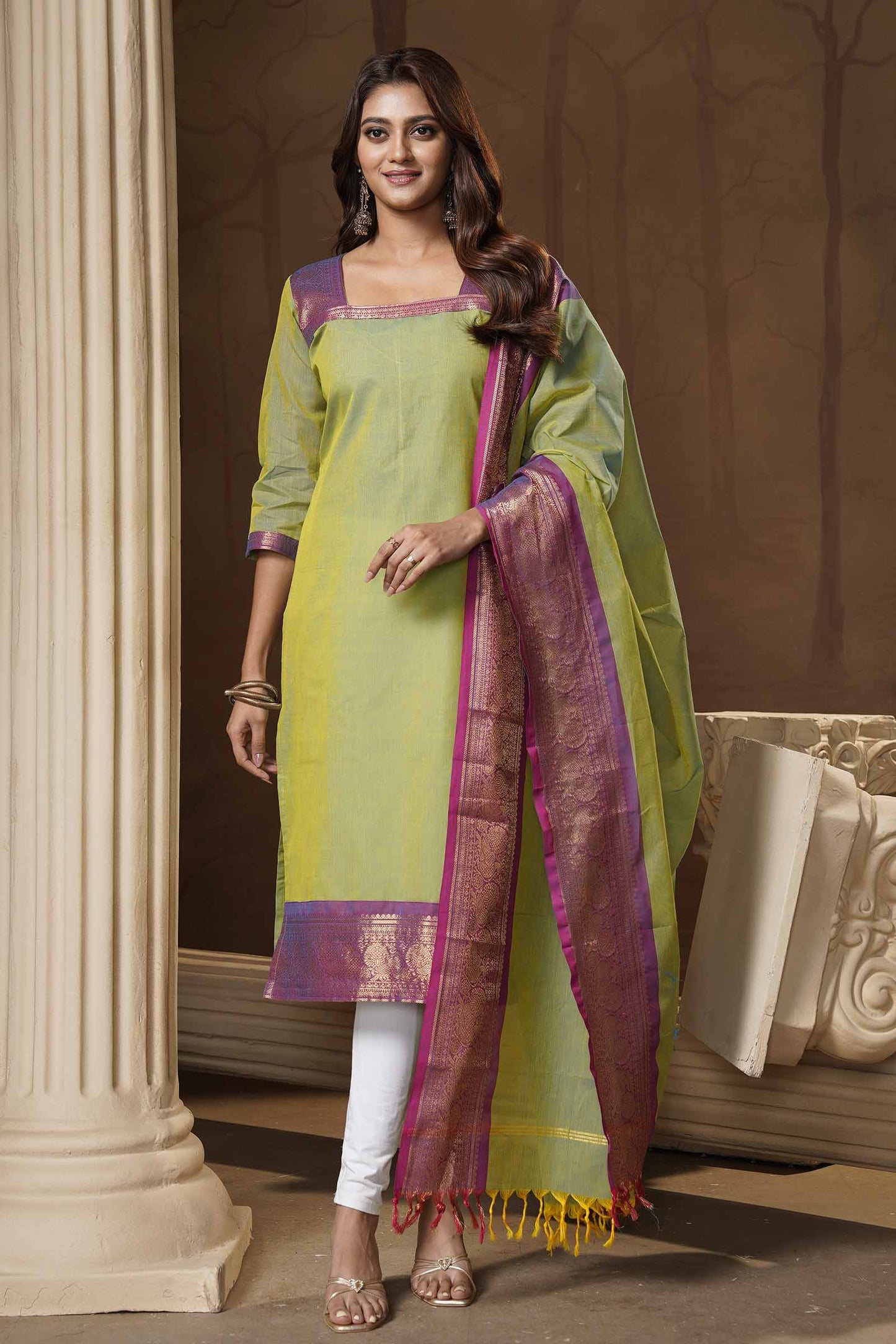 Green Pure Chettinad Cotton Chudithar Material Peacock Border Suit