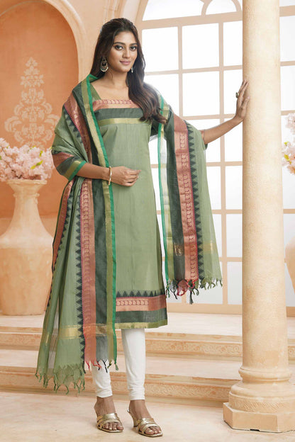 Green Pure Chettinad Cotton Chudithar Material Zari Mango Border Suit