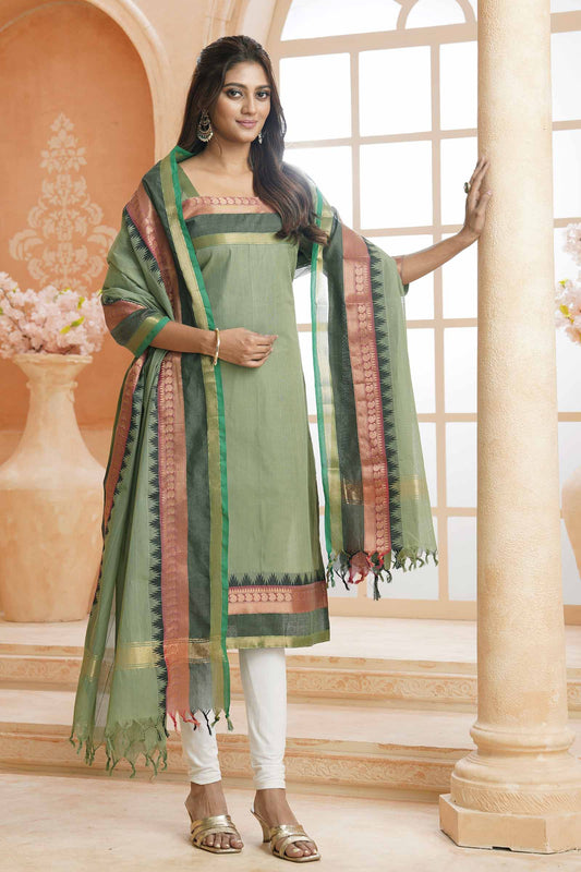Green Pure Chettinad Cotton Chudithar Material Zari Mango Border Suit