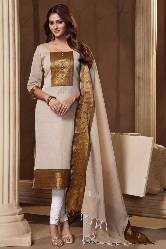 Cream Colour Pure Chettinad Cotton Chudithar Material Peacock Border Suit