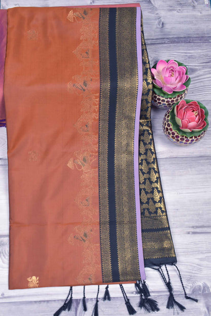 Brown Peacock Butta Chariot Border Black Zari Pallu Semi Soft Silk Saree