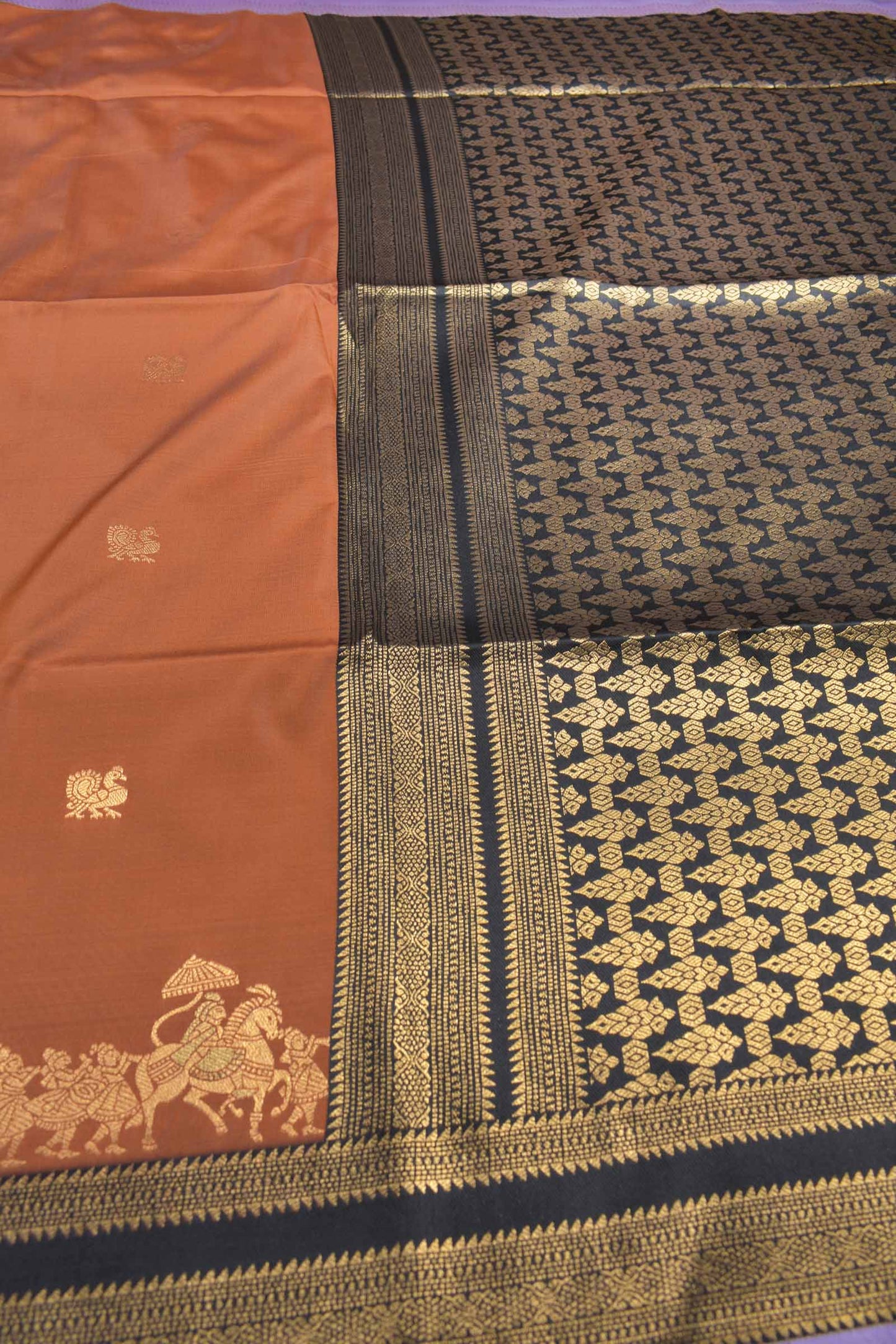 Brown Peacock Butta Chariot Border Black Zari Pallu Semi Soft Silk Saree