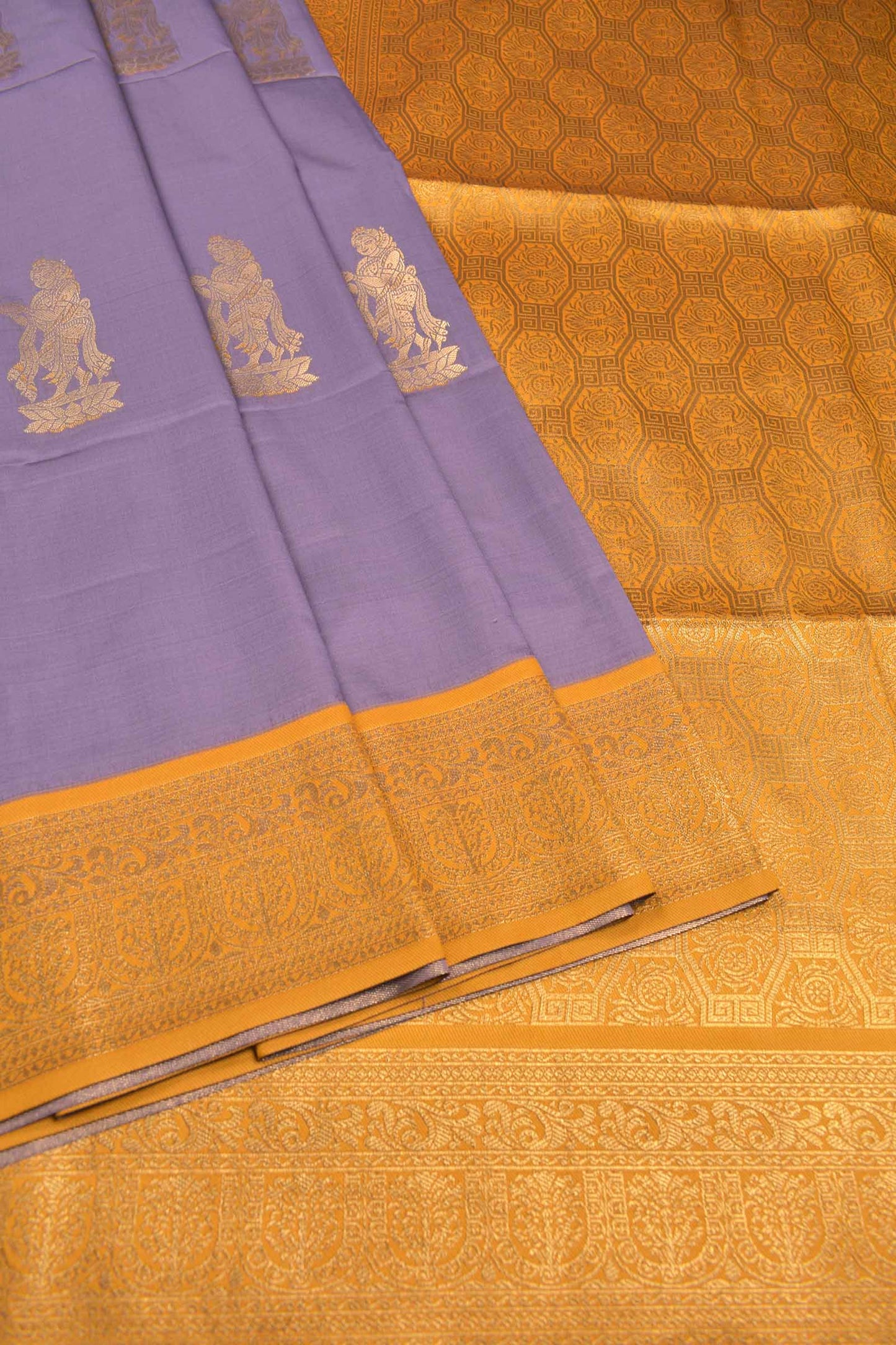 Light Violet  Paavai Butta Yellow Pallu Semi Soft Silk Saree