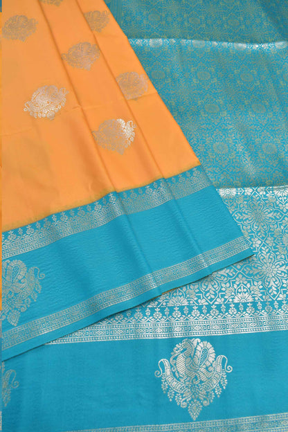 Yellow Peacock Butta Green Contrast Pallu Semi Soft Silk Saree