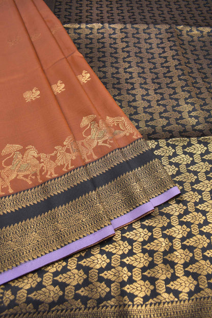 Brown Peacock Butta Chariot Border Black Zari Pallu Semi Soft Silk Saree