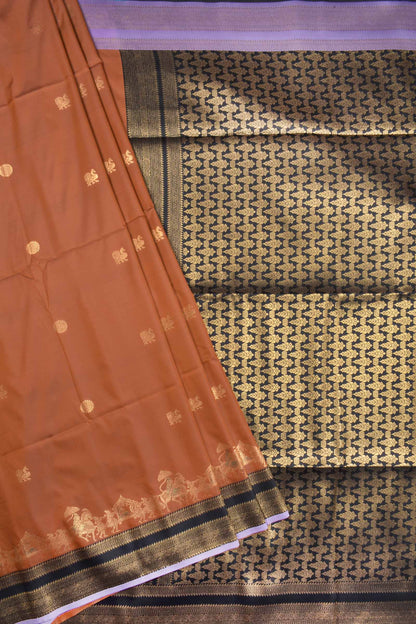 Brown Peacock Butta Chariot Border Black Zari Pallu Semi Soft Silk Saree