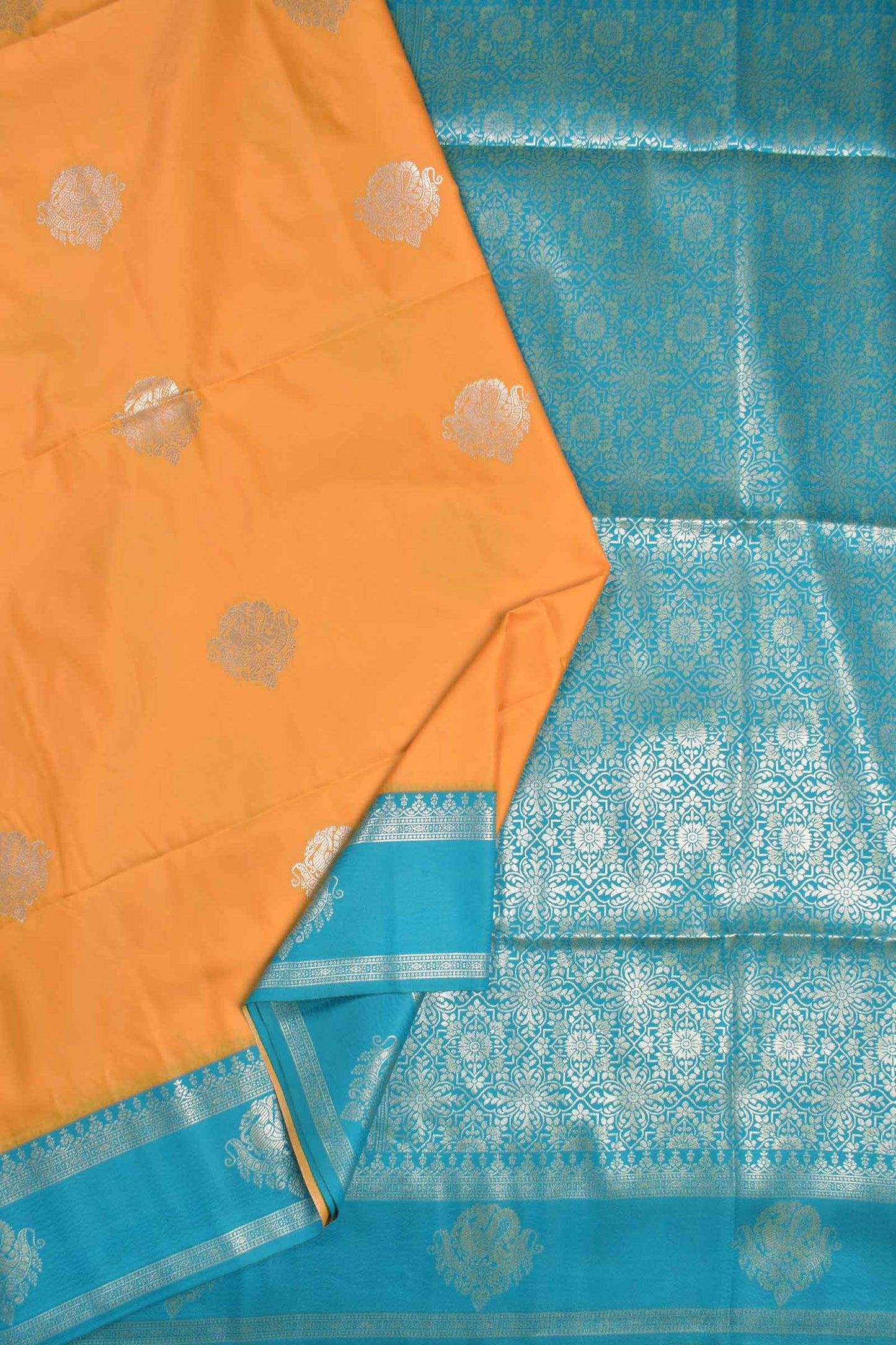 Yellow Peacock Butta Green Contrast Pallu Semi Soft Silk Saree