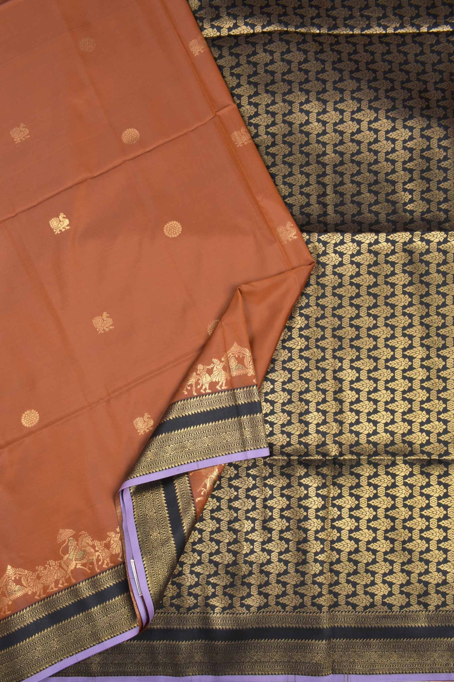 Brown Peacock Butta Chariot Border Black Zari Pallu Semi Soft Silk Saree