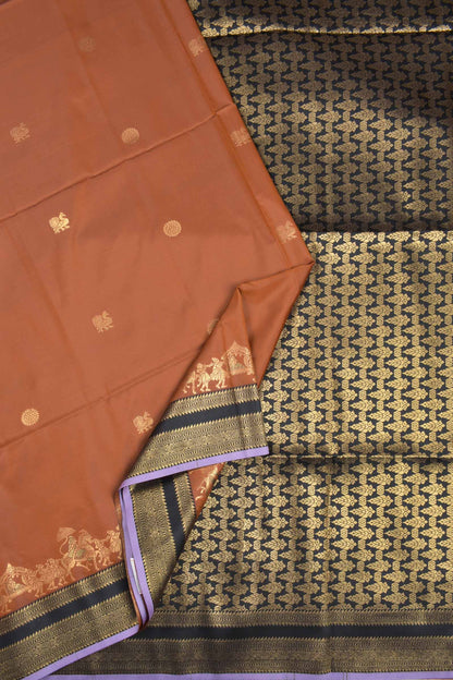 Brown Peacock Butta Chariot Border Black Zari Pallu Semi Soft Silk Saree