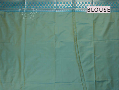 Yellow Peacock Butta Green Contrast Pallu Semi Soft Silk Saree