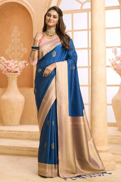Blue Floral Butta Pink Contrast Pallu Semi Soft Silk Saree