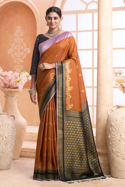 Brown Peacock Butta Chariot Border Black Zari Pallu Semi Soft Silk Saree