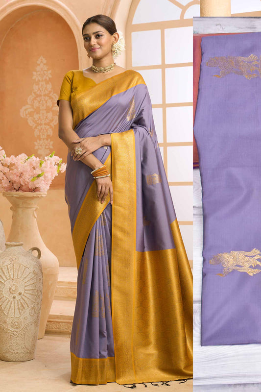 Light Violet  Paavai Butta Yellow Pallu Semi Soft Silk Saree