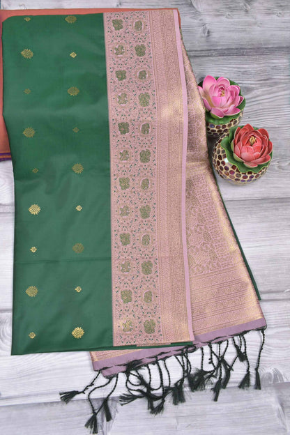 Green Mini Butta Pink Rich Contrast Pallu Semi Soft Silk Saree