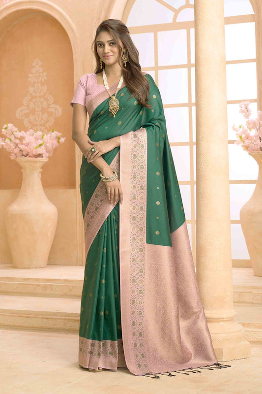 Green Mini Butta Pink Rich Contrast Pallu Semi Soft Silk Saree