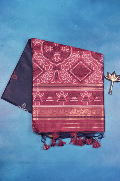Black  Bandhej Silk Zari Border Saree