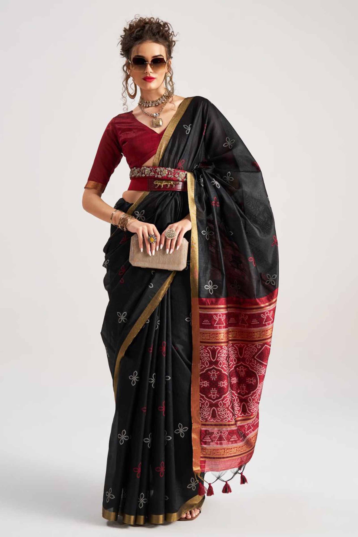 Black  Bandhej Silk Zari Border Saree